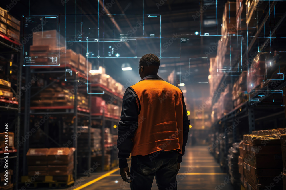 An efficient logistics manager oversees the smooth operation of a vast warehouse, illustrating the importance of supply chain management in business. Generative Ai. An efficient logistics manager oversees the smooth operation of a vast warehouse, illustrating the importance of supply chain management in business. Generative Ai.