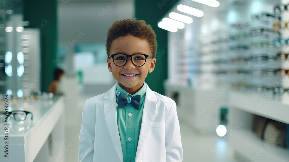 Smiling boy wearing glasses stands in an optical store near showcase