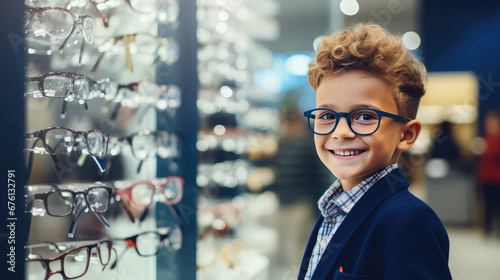 Smiling boy wearing glasses stands in an optical store near showcase with glasses. Vision correction, glasses store visually impaired children.  photo