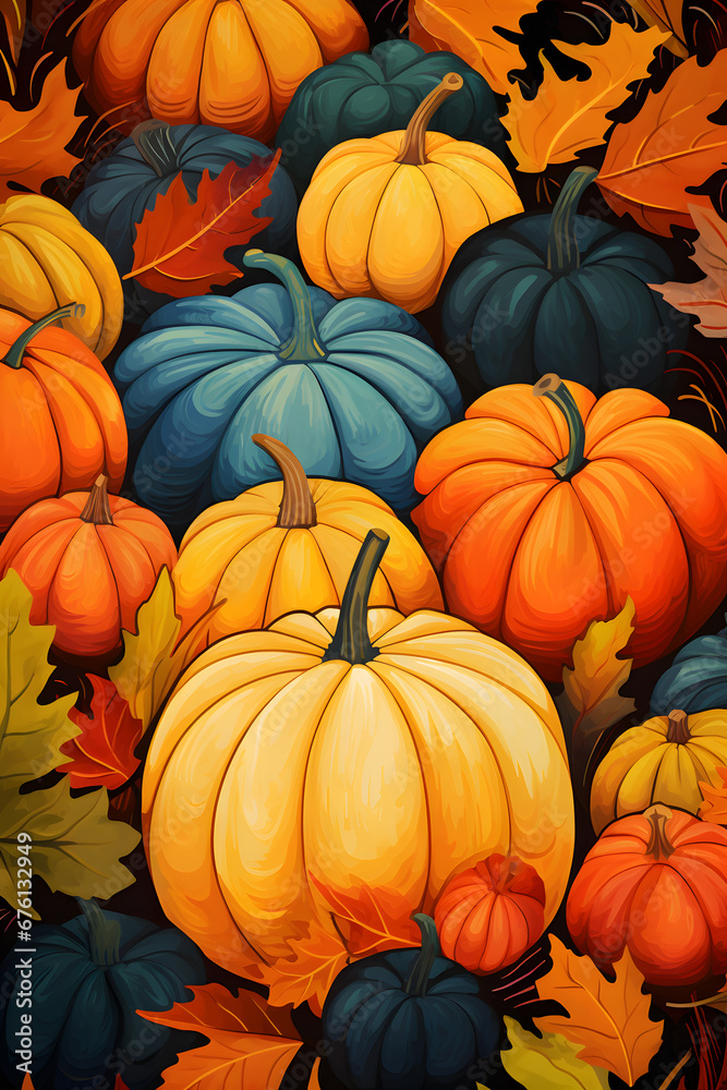 colorful pumpkins and leaves background