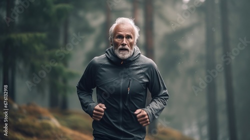 Old man jogging in the morning, health care, lifestyle and hobbies retirement.