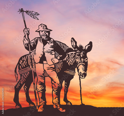 An illustration of an old west prospector and his mule against the early evening sky and a setting sun