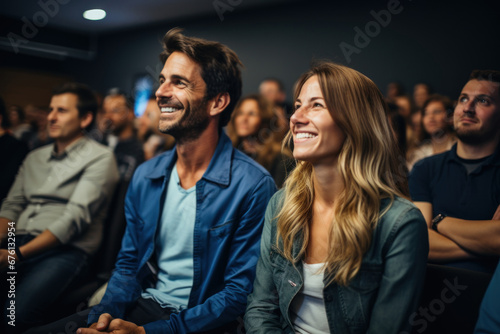 A young couple attending a homebuyer's seminar to learn about the mortgage process. Concept of education and informed decisions. Generative Ai.