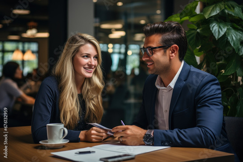 A banker discussing mortgage rates and terms with a client at a local bank branch. Concept of financial advice and mortgage planning. Generative Ai.