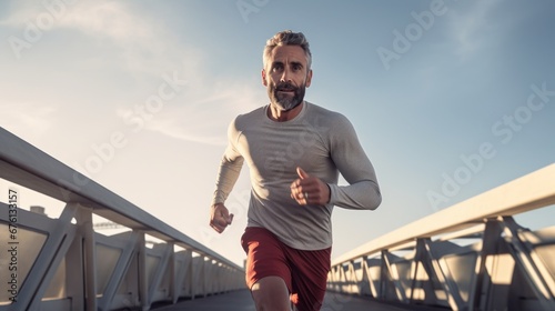 Old man jogging in the morning, health care, hobbies retirement.