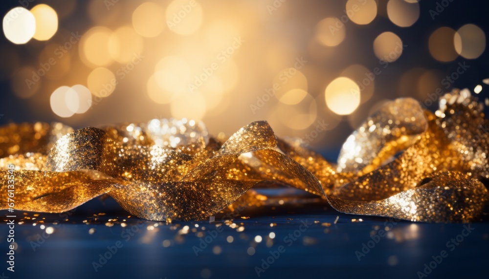 Abstract background with golden light particles bokeh on navy blue with black and gold particles.