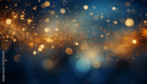 Golden light particles on navy blue background with gold foil texture and bokeh effect