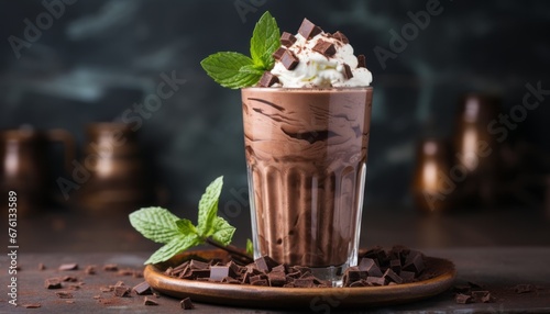 Delicious hot chocolate milkshake in a glass with a generous dollop of whipped cream on top