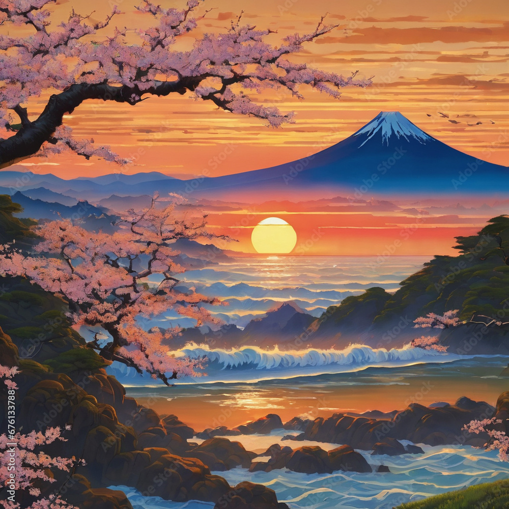 sunset over the mountains, painting, asia, japanese, blossom tree, evening, generative AI, sunrise, sunset, sky, landscape, orange, view, cloud