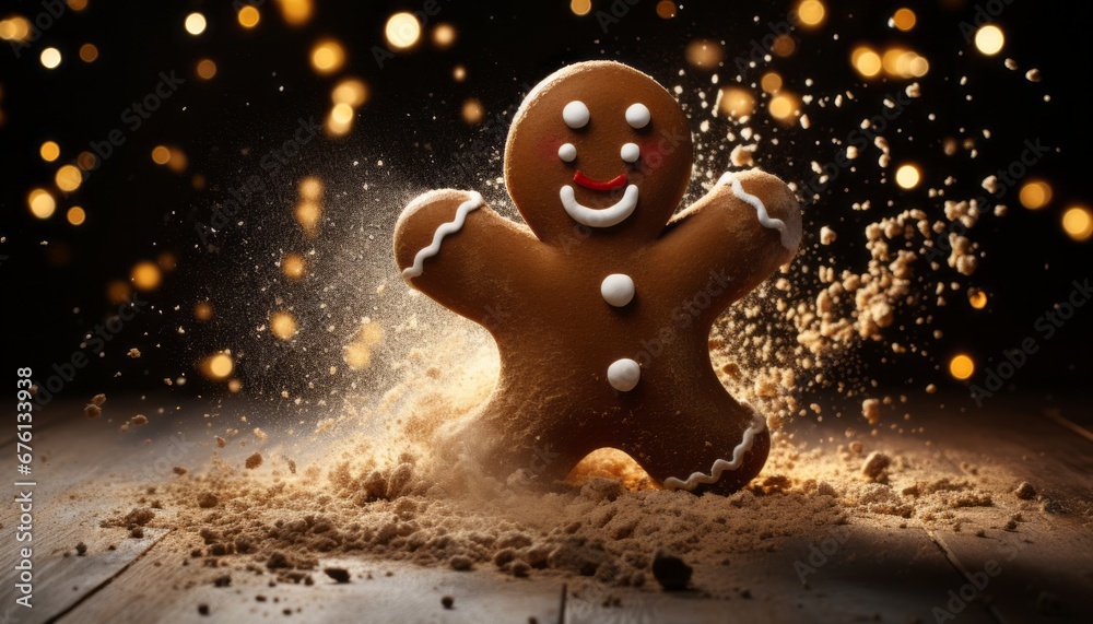 Gingerbread man on wooden table with cocoa powder splash and blurred christmas lights background Gingerbread man on wooden table with cocoa powder splash and blurred christmas lights background