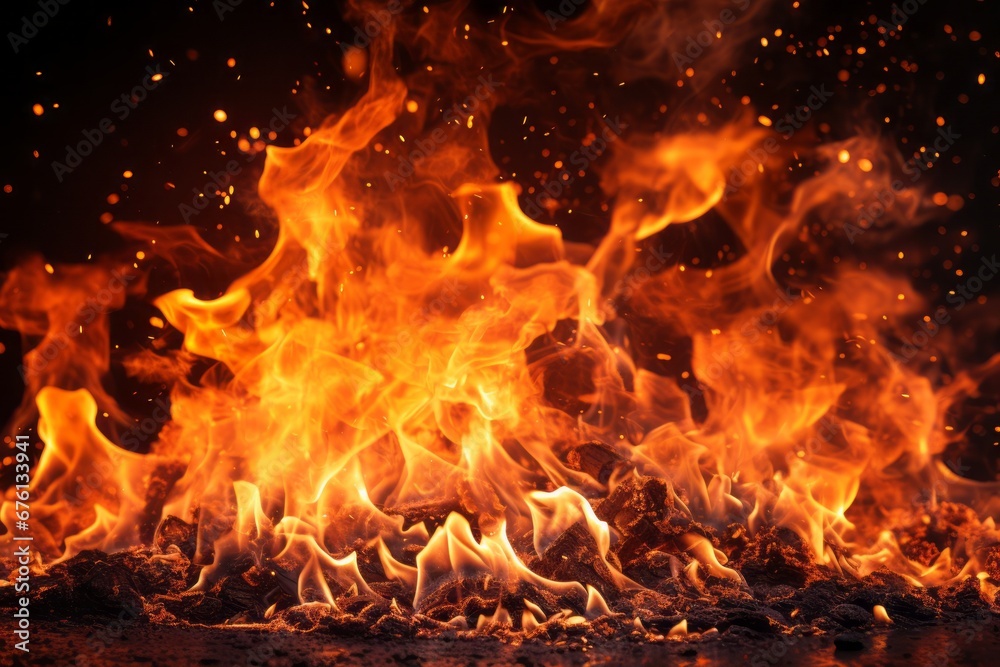 Vibrant and captivating display of fiery flames engulfing the darkness of the black background Vibrant and captivating display of fiery flames engulfing the darkness of the black background