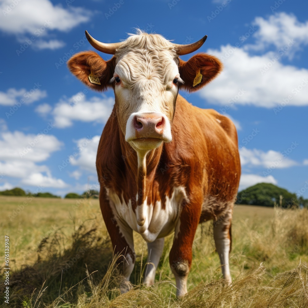 Peaceful giant cow grazing at eco farm with factory in background, in stunning 16k resolution Peaceful giant cow grazing at eco farm with factory in background, in stunning 16k resolution