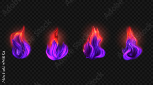 Set of burning purple flame. Vector illustration. Realistic orange and lilac fire isolated on transparent backdrop