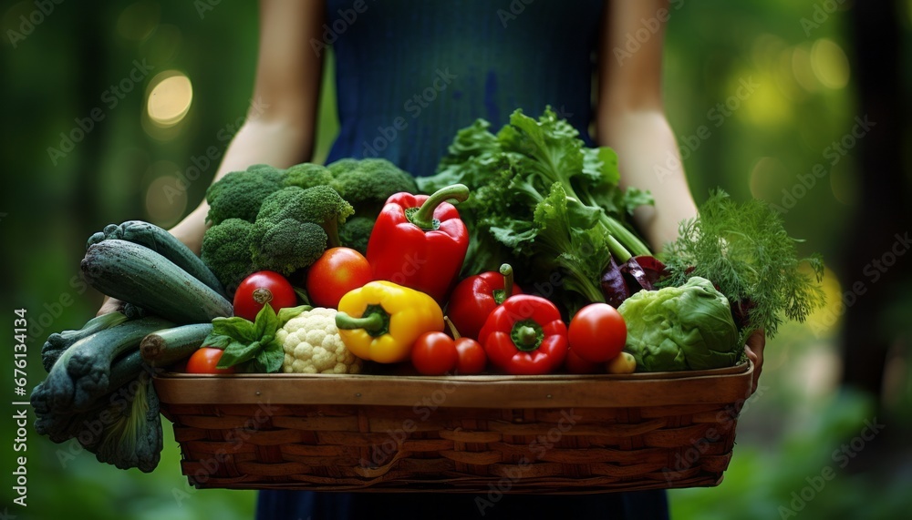 Fototapeta premium Farmer proudly displaying a box of freshly picked vegetables against sunny farm backdrop