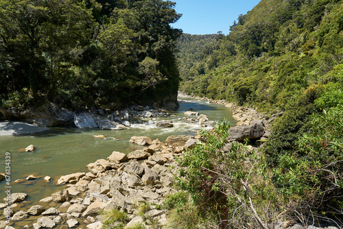 Ngakawau river flowing through a rocky landscape, West Coast, New Zealand