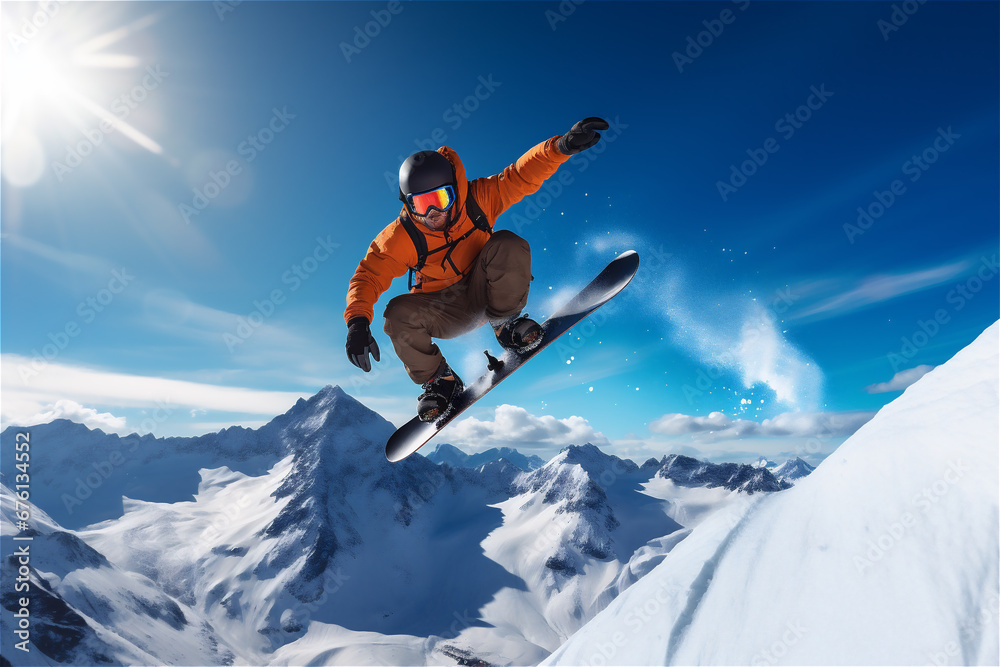 man going down the slope on a Snowboard in mountains