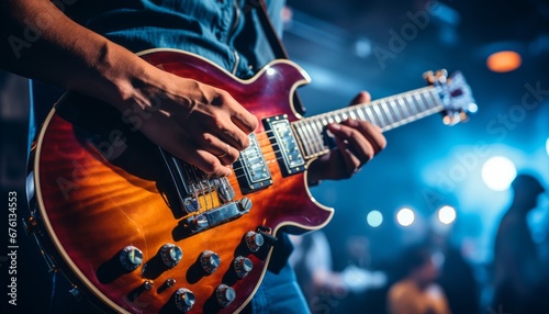 Music band performing on concert stage with guitarist, soft and blurred background concept