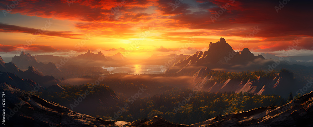sunrise over a mountain in a forest with several mountain peaks in the background