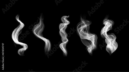 Vector design elements of hookah and cigarette smoke. White realistic steam, vapor on black background