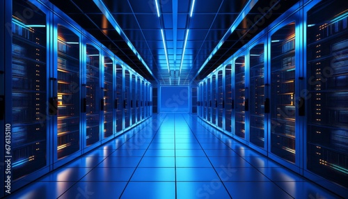 State of the art data center with neatly organized server racks emitting a soft blue glow