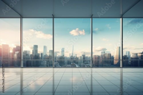 Modern empty office interior  Panoramic skyline and buildings from glass window