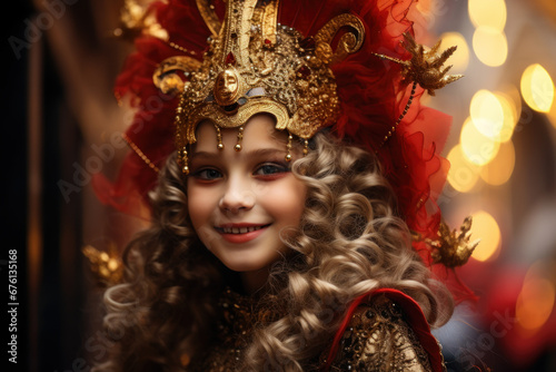A young girl in a Venetian mask and costume, taking part in a children's Carnival event with enthusiasm. Generative Ai. © Sebastian
