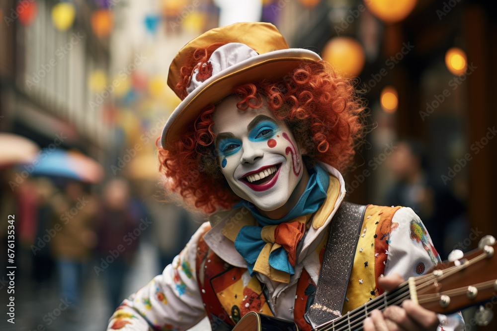 A street performer dressed as a harlequin, showcasing the playful and mischievous spirit of the Carnival. Generative Ai.