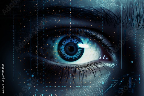 Close-up of eye with HUD display. Concepts of augmented reality and biometric iris recognition or visual acuity check-up. digital security