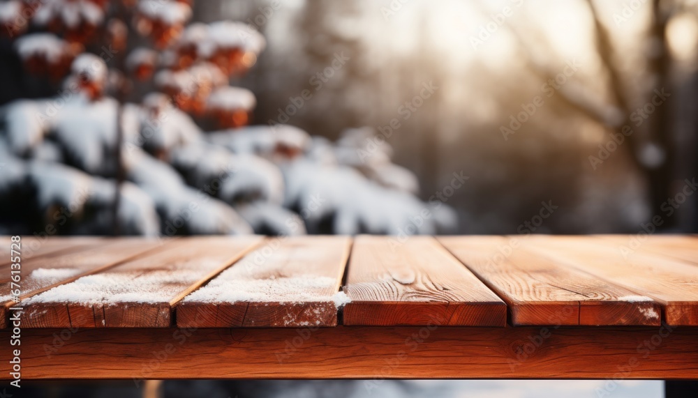 Snowy wooden table with falling snowflakes and blurred forest background for product placement