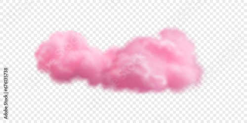 Pink fluffy cloud isolated on transparent backdrop. Cute bright sky cloud. Vector realistic icon