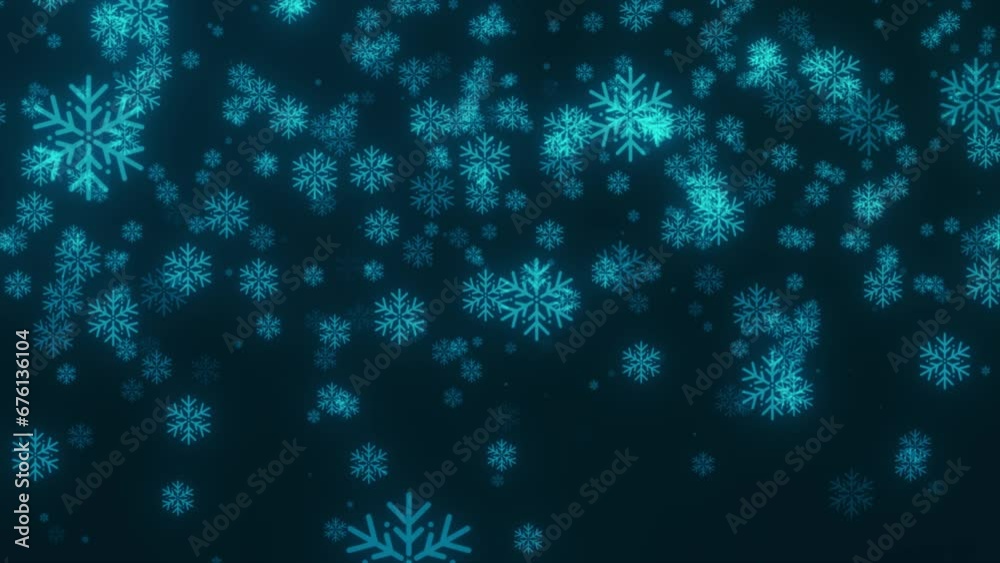 Looping large snowflakes fall to the bottom. blue snowflakes in 4k with glow. video duration 5 seconds