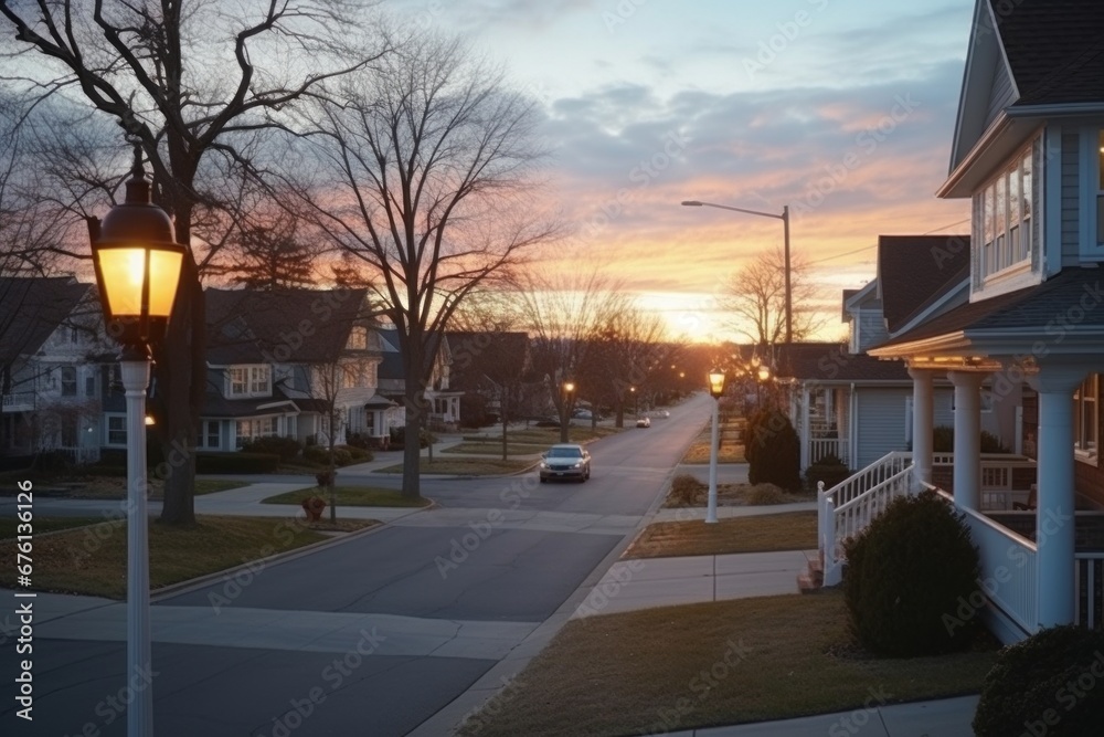 Afternoon sunset casts its glow on a suburban street, visible from the porch, with streetlights starting to illuminate.
