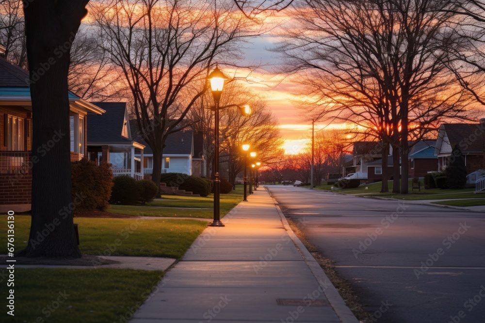 Suburban street is bathed in the glow of the afternoon sunset, with streetlights beginning to shine.
