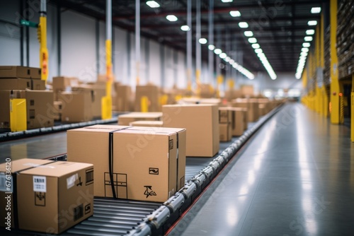 Efficient conveyor belt transporting cardboard box packages in a busy warehouse fulfillment center