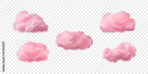 Set of 3d vector pink cotton clouds. Realistic clouds isolated on white translucent backdrop