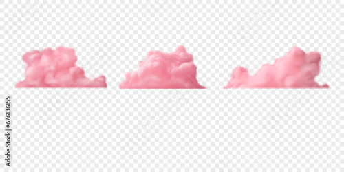 Realistic pink fluffy clouds. Set of vector icons. 3d cute swirling clouds isolated on transparent background