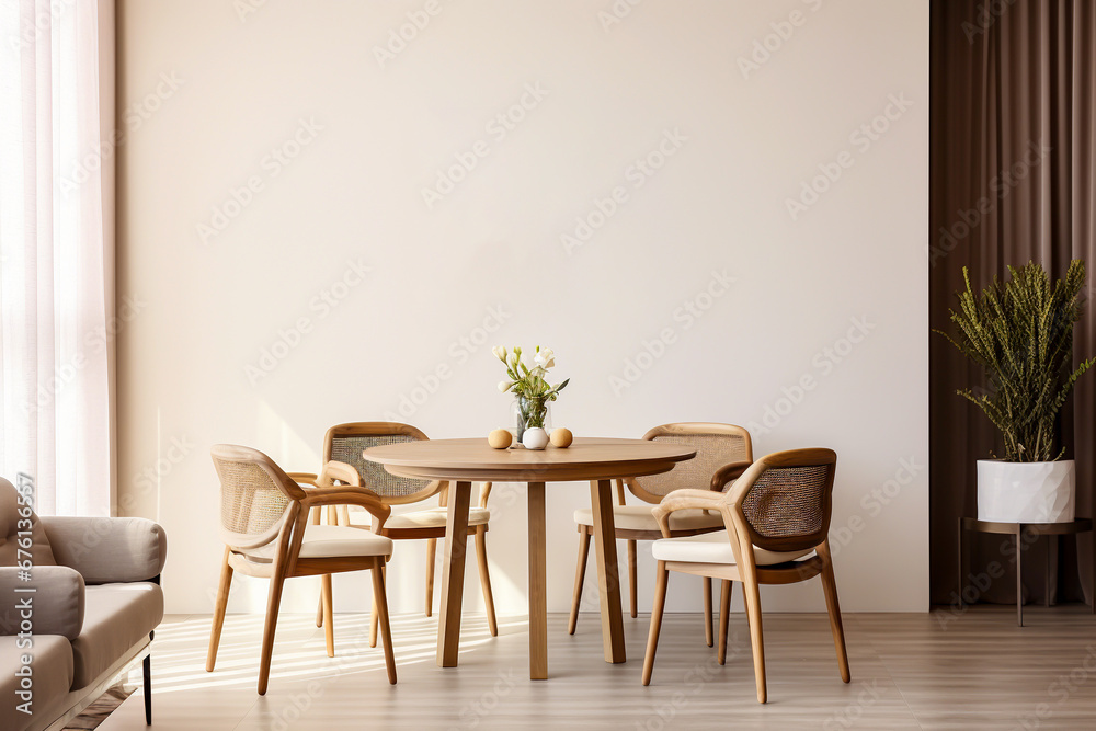Minimalist contemporary dining room with round table and four Wicker back chairs on hardwood floor set against a cream wall interior room design Minimalist contemporary dining room with round table and four Wicker back chairs on hardwood floor set against a cream wall interior room design