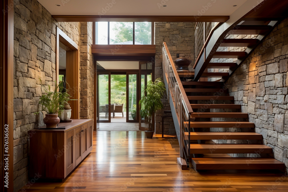 Obraz premium Rustic country farmhouse entrance lobby large with hardwood staircase and cladded Stonewalls hardwood flooring beautiful reception area