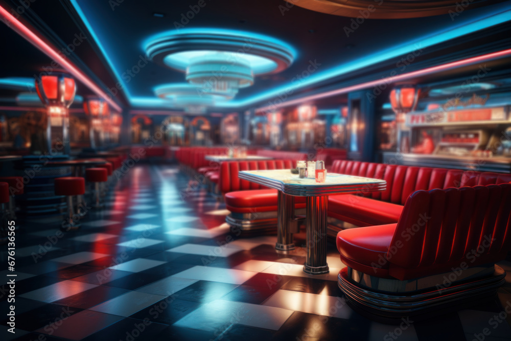 A retro diner with neon signs and checkerboard floors, capturing the spirit of the 1950s. Generative Ai.