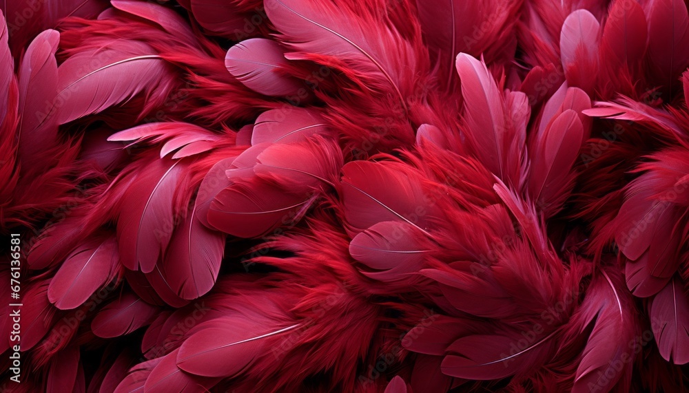 Artistic and detailed red feathers texture background with beautifully patterned big bird feathers