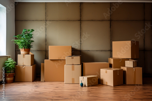 Empty living room half filled with packing crates and potted plants moving house moving into new house interior room design mockup © RCH Photographic
