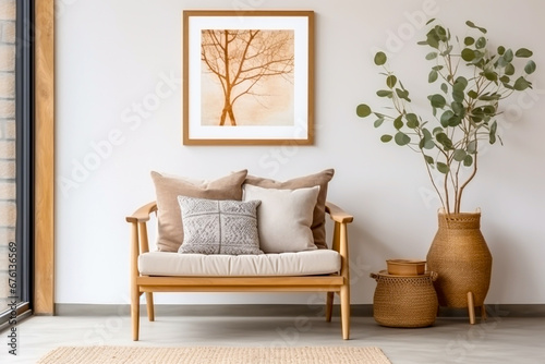 Two seater love seat with Wicker plant pots set against a cream wall with winter scene wall art frame contemporary interior room design © RCH Photographic