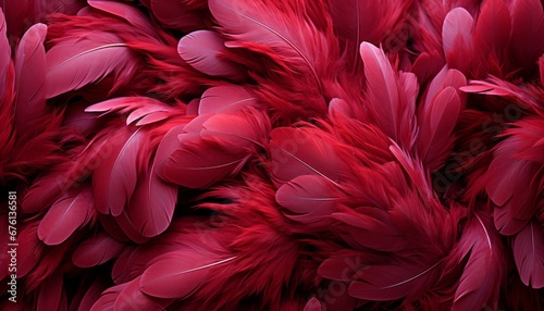 Artistic and detailed red feathers texture background with beautifully patterned big bird feathers