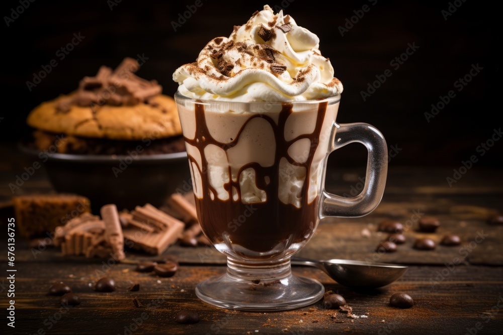 Delectable hot chocolate milkshake with a velvety whipped cream topping served in a stylish glass Delectable hot chocolate milkshake with a velvety whipped cream topping served in a stylish glass