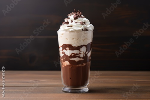 Delectable hot chocolate milkshake with a heavenly whipped cream topping served in a stylish glass