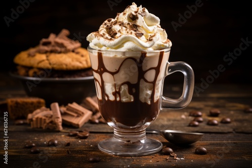 Delectable hot chocolate milkshake with a velvety whipped cream topping served in a stylish glass