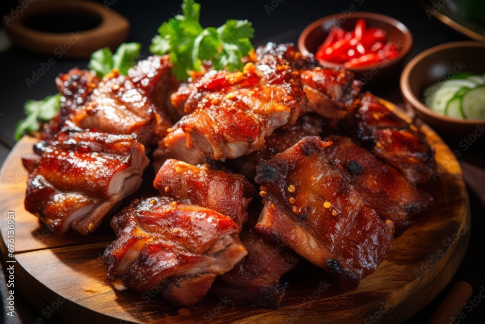 Close up of succulent sliced barbecue pork ribs with tender meat, perfect for a delicious bbq feast
