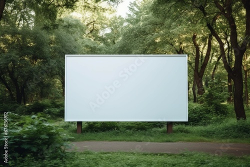 Blank billboard white screen side road in city. ad mockup copy space for advertising banner near park in metropolis.