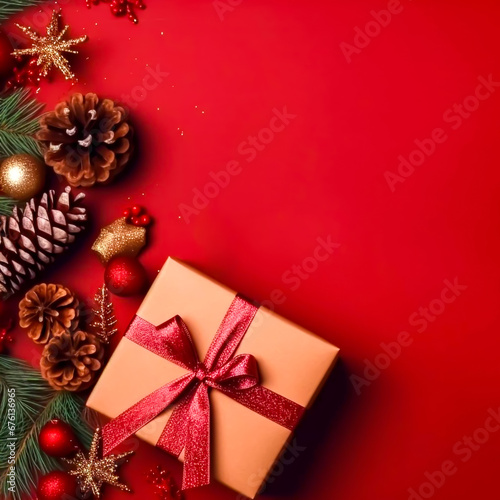 Festive Christmas background illustration with a gift box pine cones and fir leaves on a red background seasonal Christmas end new year greeting card image © RCH Photographic