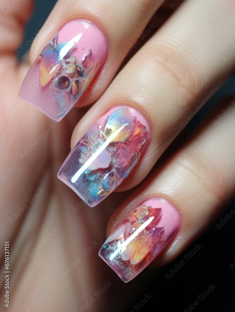 Artistic display of gel nails, showcasing a multicolored glaze, crystals, and a pink bow, inspired by ethereal sculptures and interstellar nebulae. Artistic display of gel nails, showcasing a multicolored glaze, crystals, and a pink bow, inspired by ethereal sculptures and interstellar nebulae.